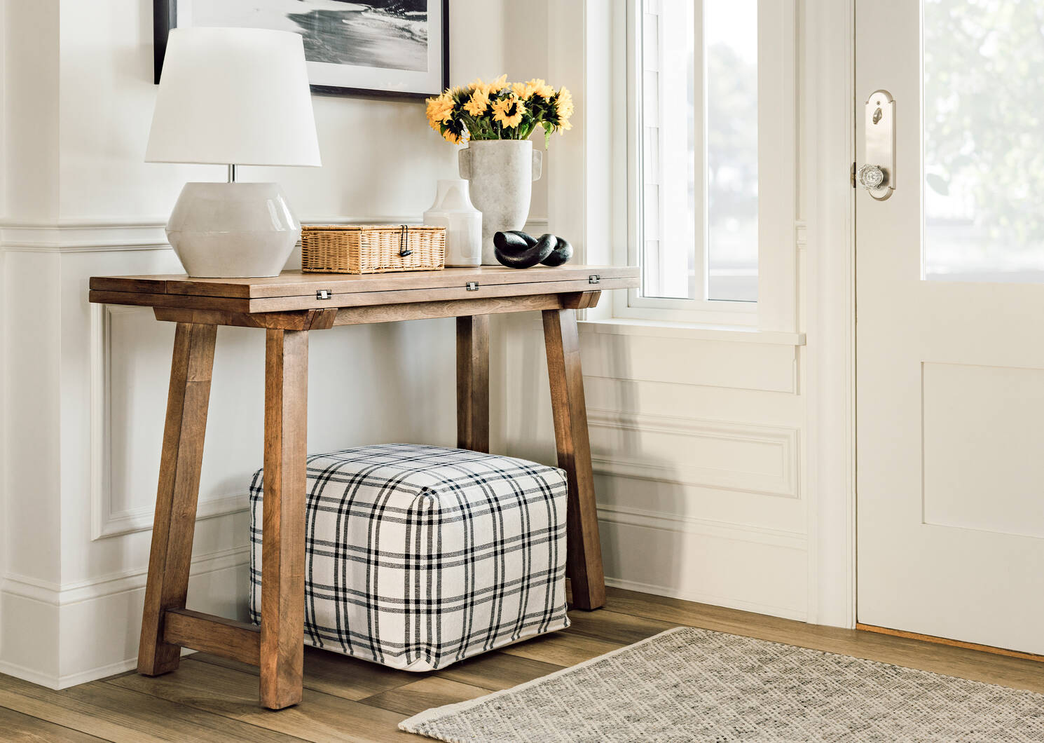 Drew Windowpane Plaid Pouf Ivory/Blac