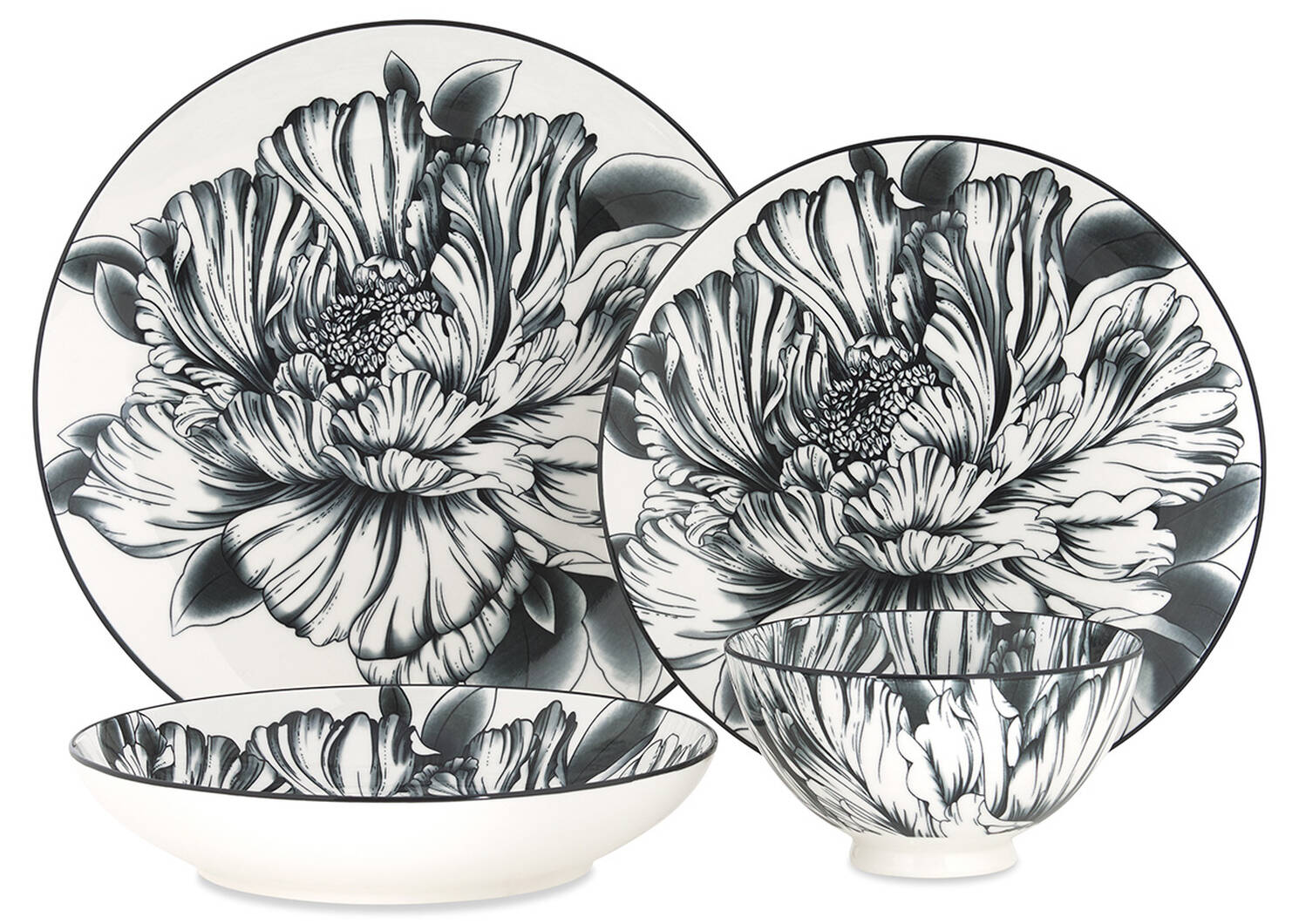 Peony 16pc Dish Set Black/White