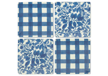 Floral/Plaid Coaster Set Blue