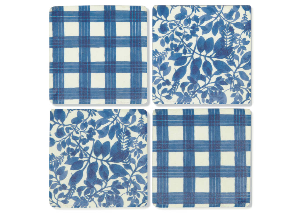 Ens. de sous-verres Floral/Plaid bleu