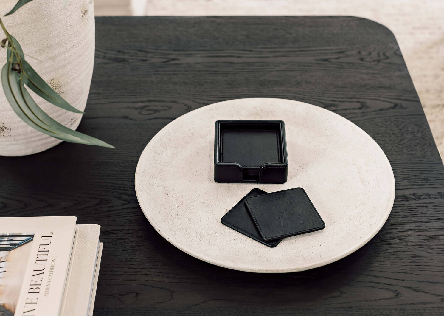 Riva Coaster Set with Holder Black